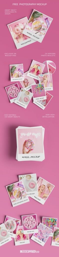 Five Mockups Featuring Overhead View of Grid of Photography Papers