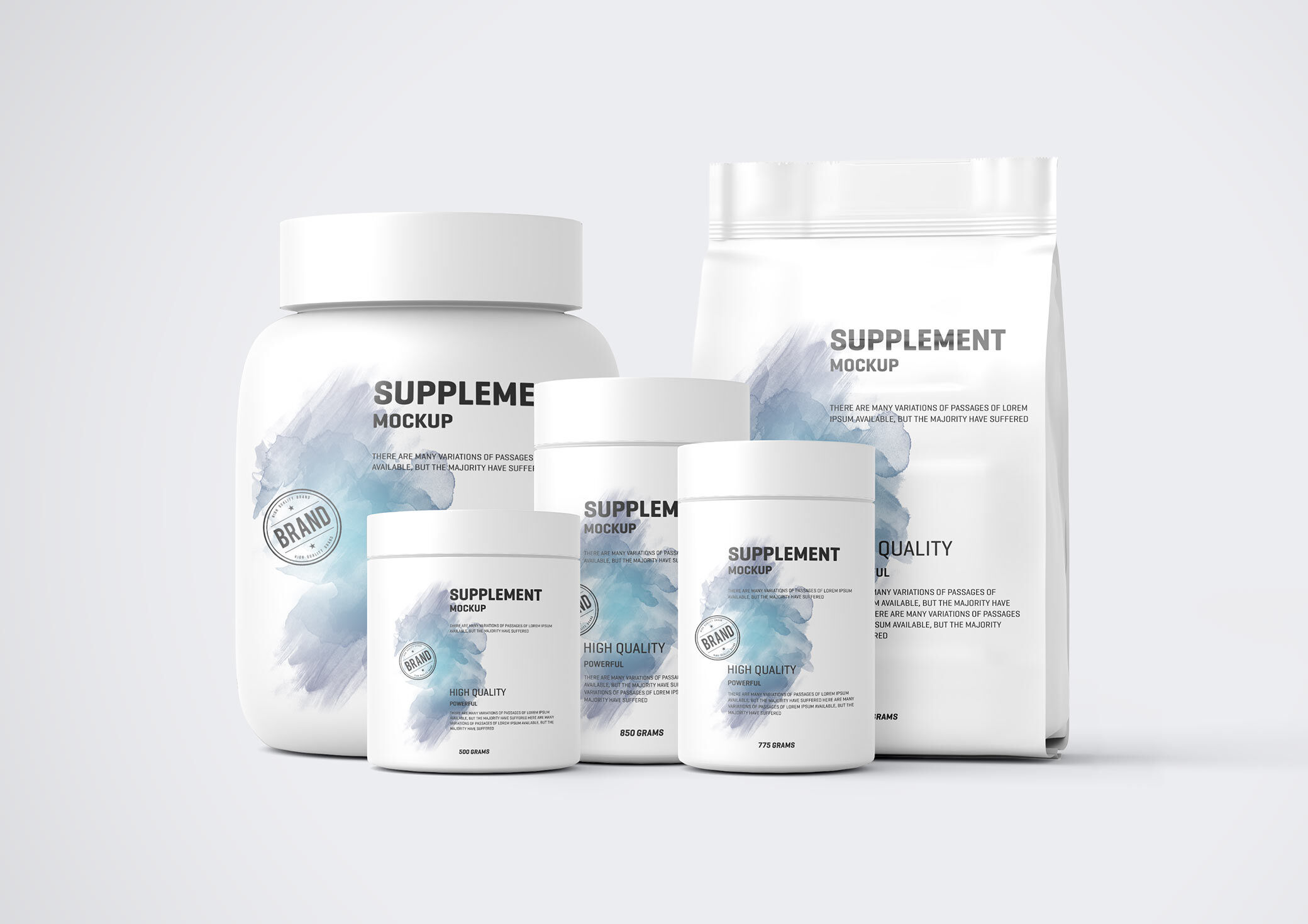 Five Mockups Showcasing Front View of Protein Pack and Jars FREE PSD
