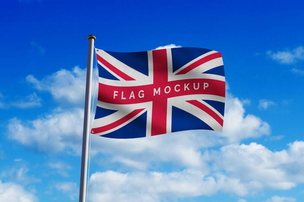 Flag Flapping in the Wind in Blue Sky Mockup