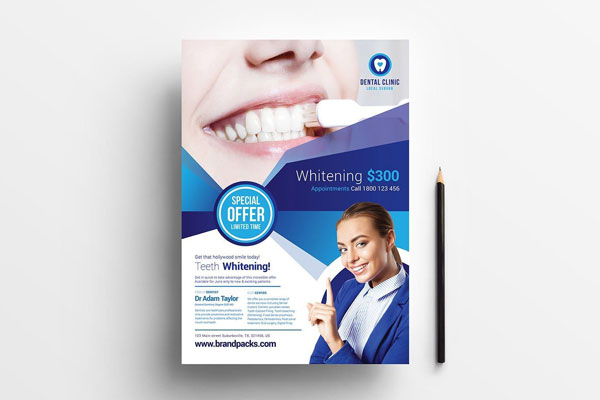 Flat Dental Clinic Poster Template Featuring Smiling Person in Blue Theme