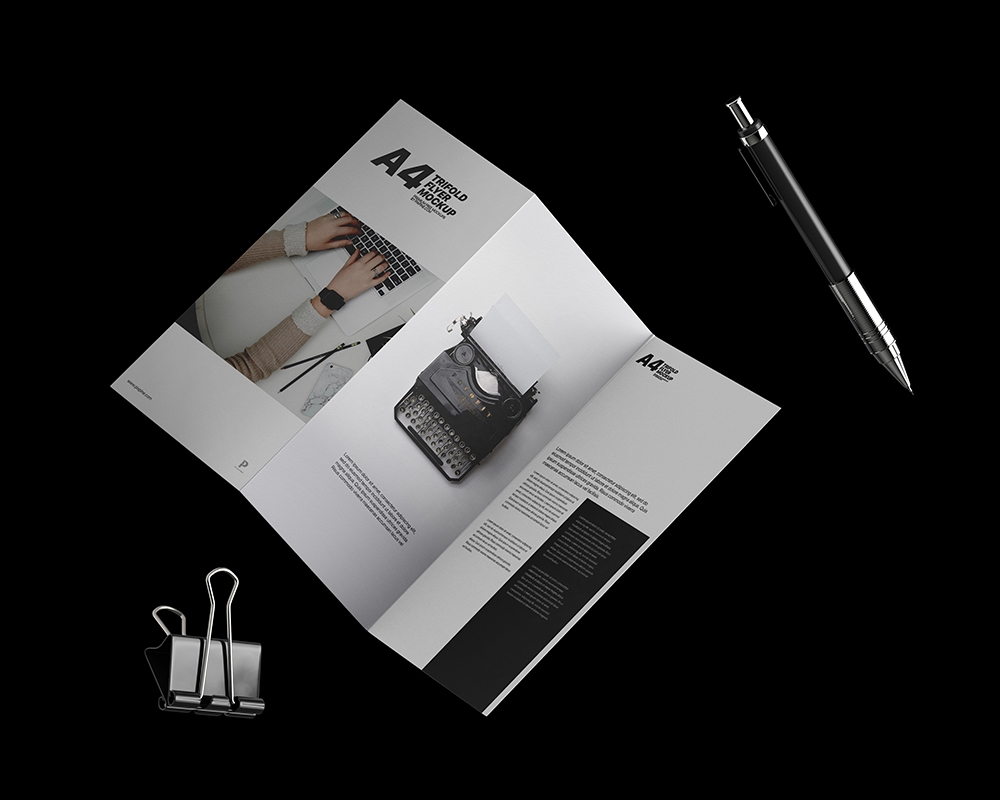 Floating A4 Trifold Brochure Mockup Featuring Binding Clip and a Pen