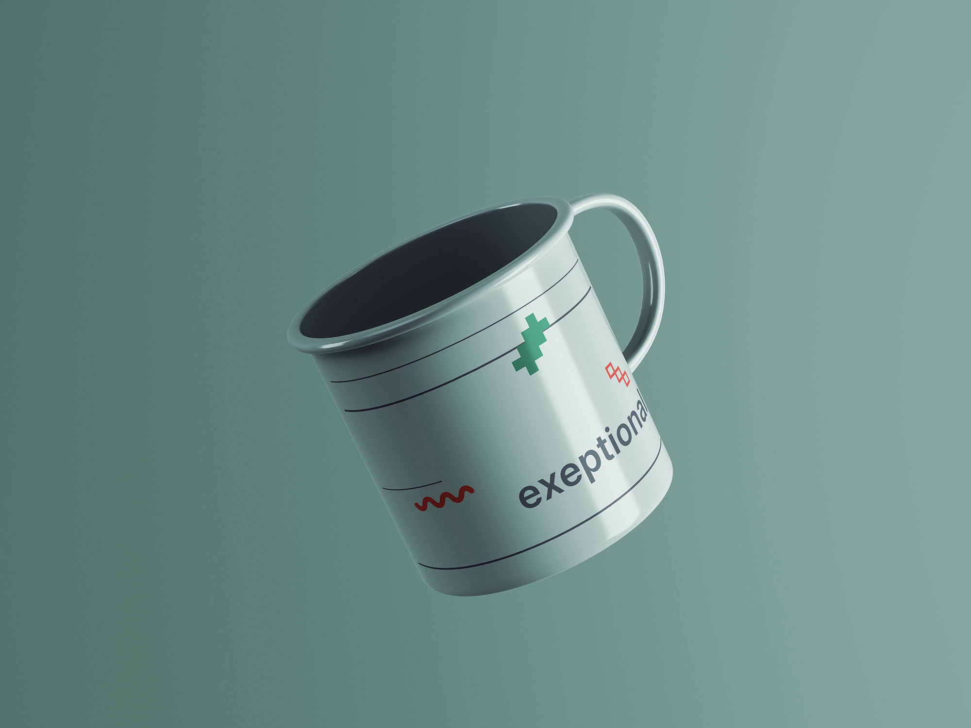 Free Floating Enamel Mug Mockup in Facing Sight PSD Template