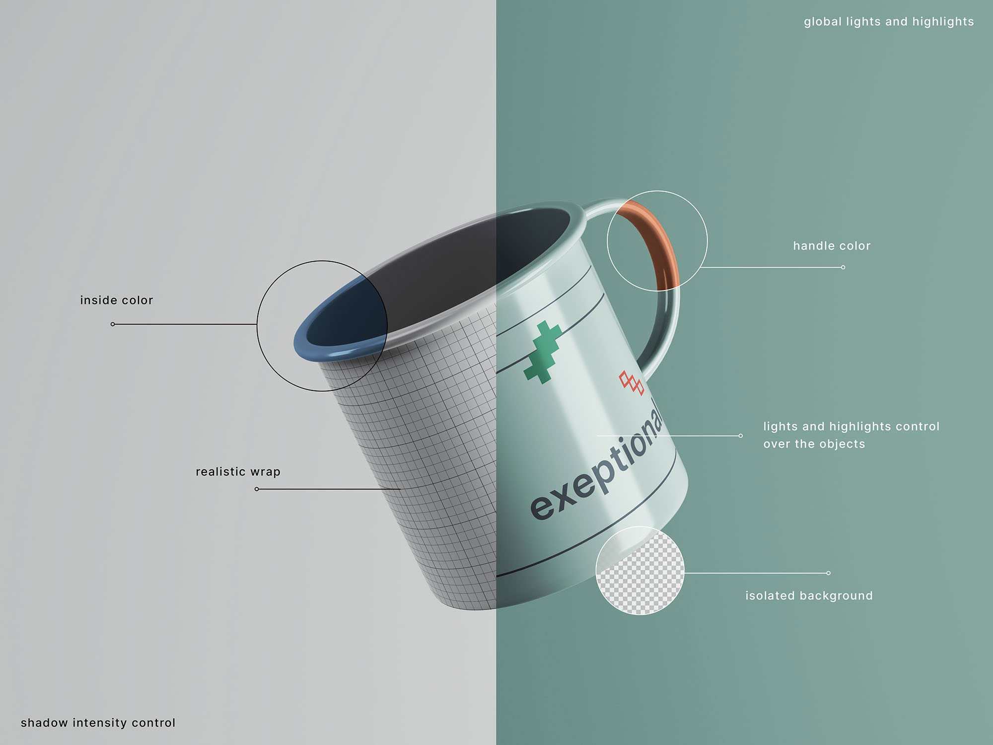 Free Floating Enamel Mug Mockup in Facing Sight PSD Template