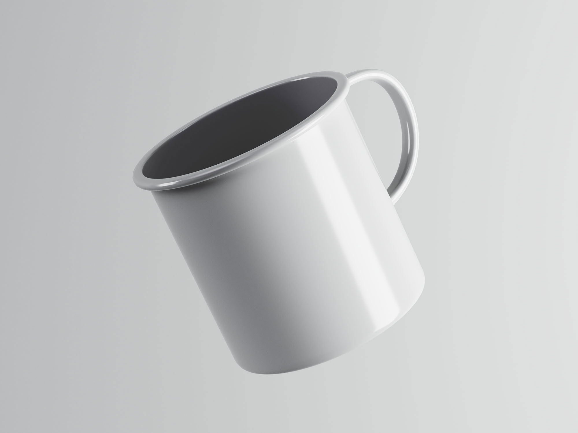 Free Floating Enamel Mug Mockup in Facing Sight PSD Template