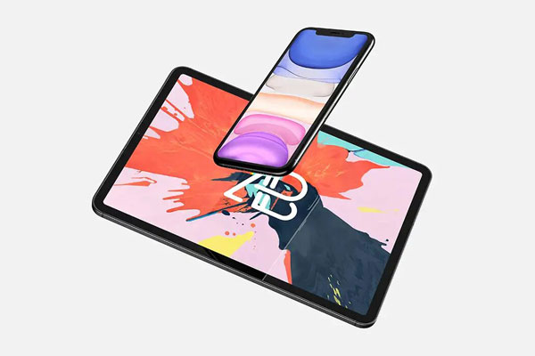 Floating iPhone 11 Pro Max and iPad Pro with Colorful Screens Mockup