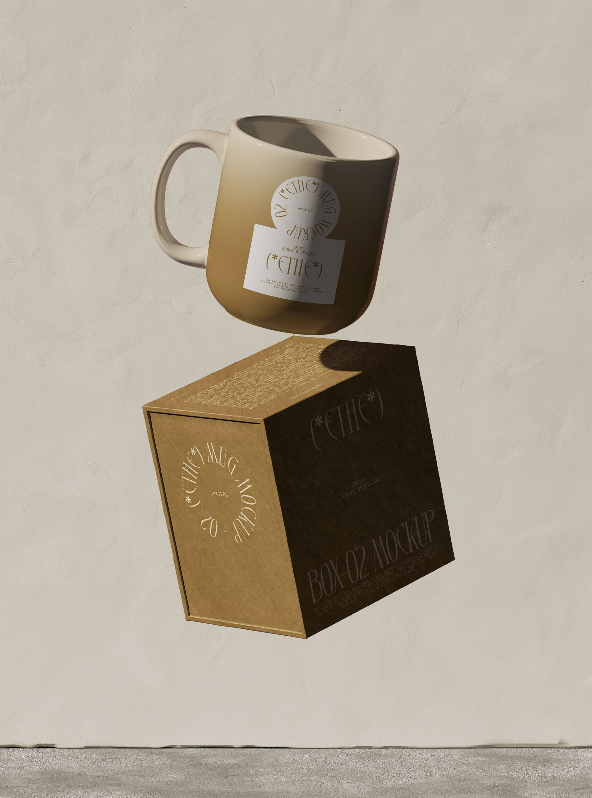 Free Floating Mug and Box Mockup PSD Template