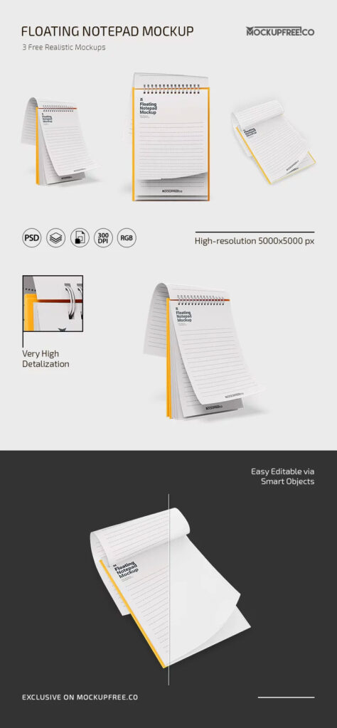 Floating Notepad Mockup in 3 Showcases