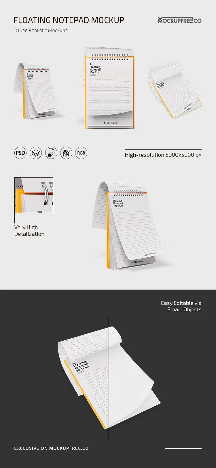 Free Floating Notepad Mockup in 3 Showcases PSD Template