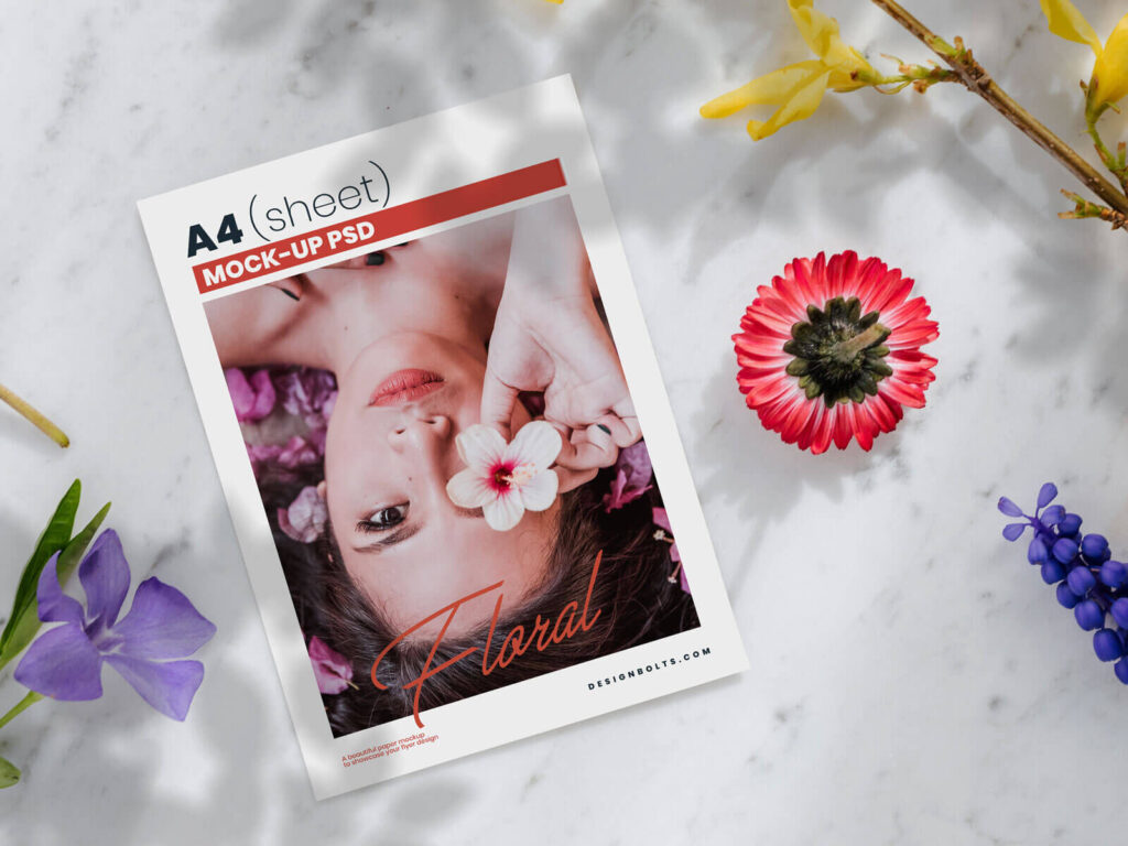 Floral A4 Flyer Mockup With Light Shadows