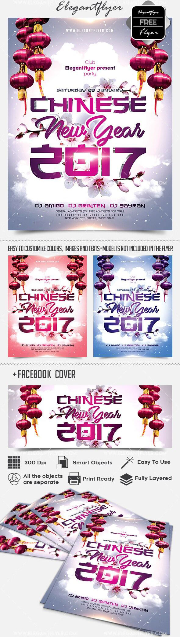 Floral Elegant Chinese New Year Flyer Template and Facebook Cover FREE PSD