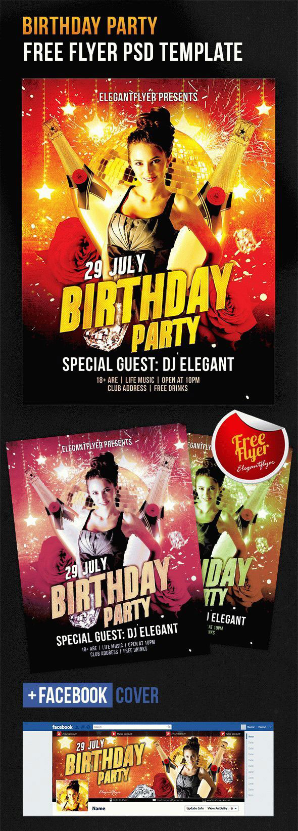 Floral Sparkly Birthday Party Flyer Template and Facebook Cover FREE PSD
