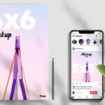Flyer Next to Instagram Post on iPhone X Screen Mockup