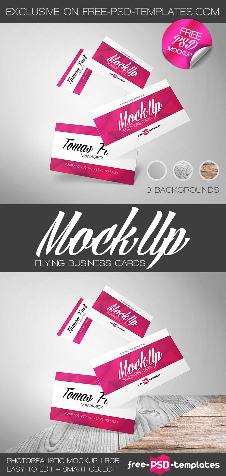 Flying Business Cards Mockup Featuring 3 Different Backgrounds FREE PSD