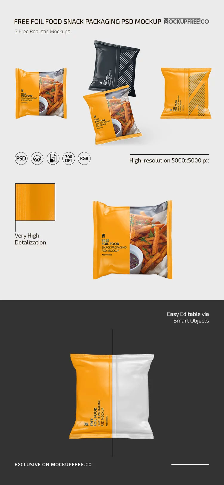 Free Foil Food Snack Packaging Mockup in 3 Views PSD Template