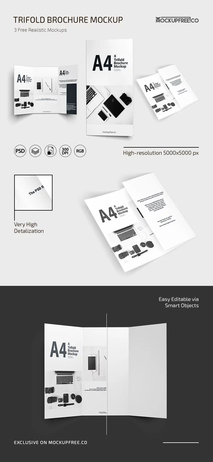 Free Folded A4 Trifold Brochure Mockup PSD Template