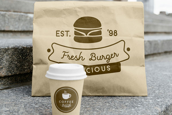 Food Bag with Paper Cup Mockup