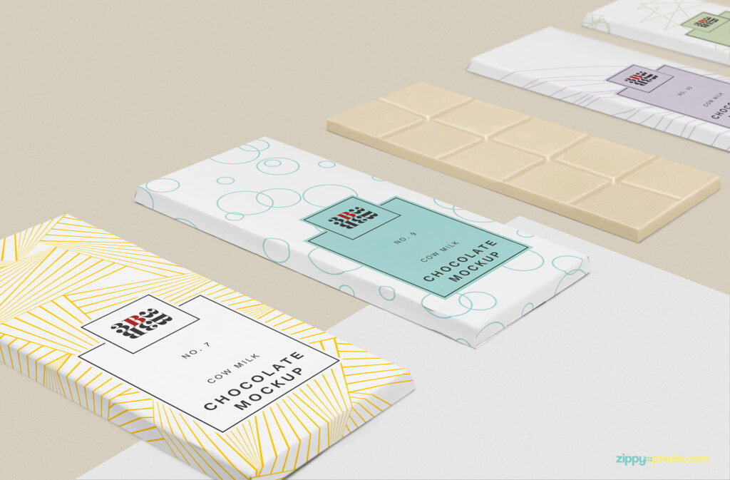 Four Chocolate Packaging and a Chocolate Bar Mockup