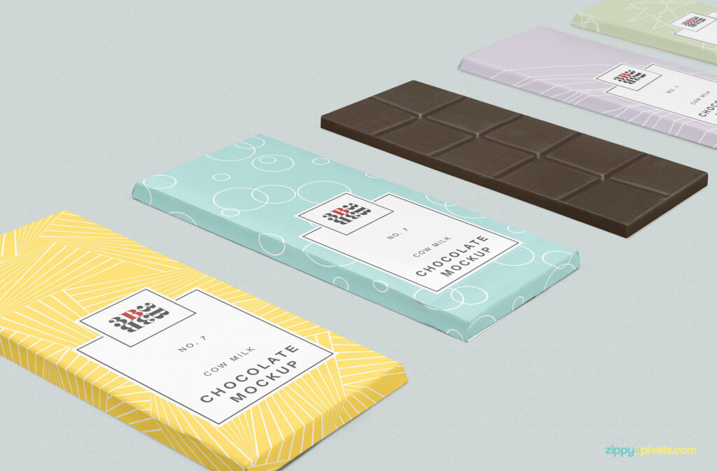 Four Chocolate Packaging and a Chocolate Bar Mockup