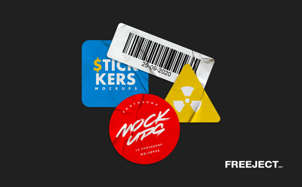 Four Glued Crumpled Stickers Mockups