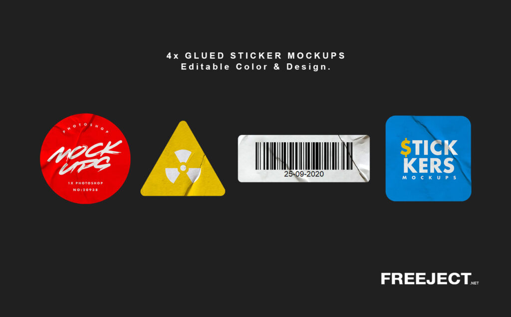 Four Glued Crumpled Stickers Mockups