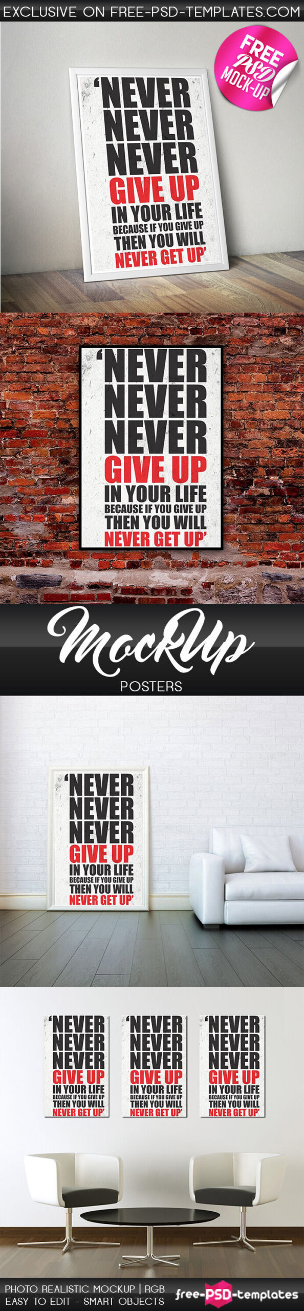 Four Minimal Vertical Poster Mockups FREE PSD