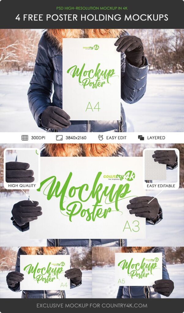 Four Mockups Featuring Girl Holding Poster in Snowy Background