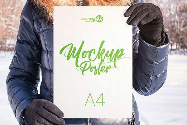 Four Mockups Featuring Girl Holding Poster in Snowy Background