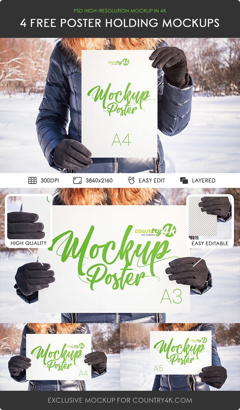 Four Mockups Featuring Girl Holding Poster in Snowy Background FREE PSD