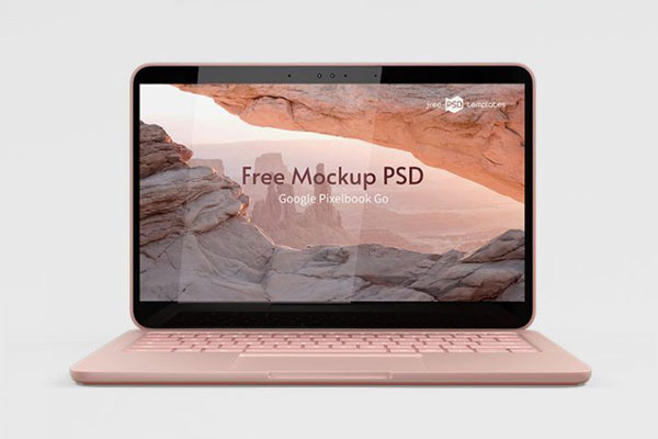 Front and 3/4 View of 3 Laptop Google Pixelbook Go Mockup