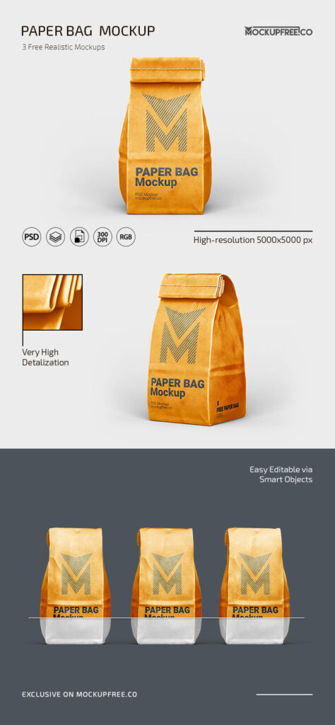 Front and 3/4 View of 3 Paper Bag Mockups