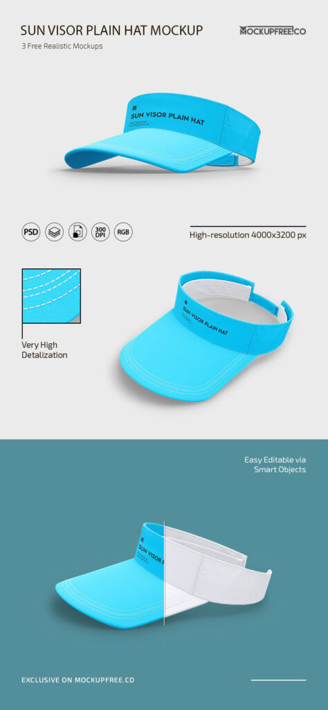 Front and 3/4 View of 3 Sun Visor Plain Hat Mockups