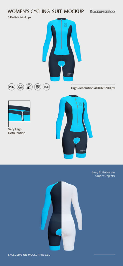 Front and 3/4 View of 3 Women’s Cycling Suit Mockups