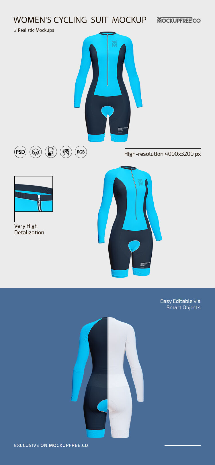 Front and 3/4 View of 3 Women's Cycling Suit Mockups FREE PSD