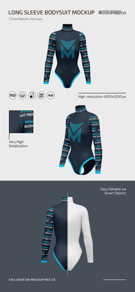Front and 3/4 View of 3 Women’s Long-Sleeved Bodysuit Mockups
