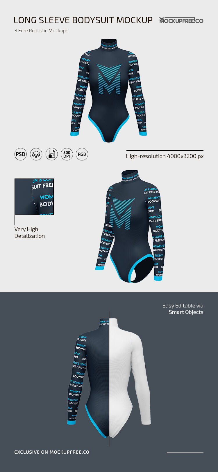 Front and 3/4 View of 3 Women's Long-Sleeved Bodysuit Mockups FREE PSD