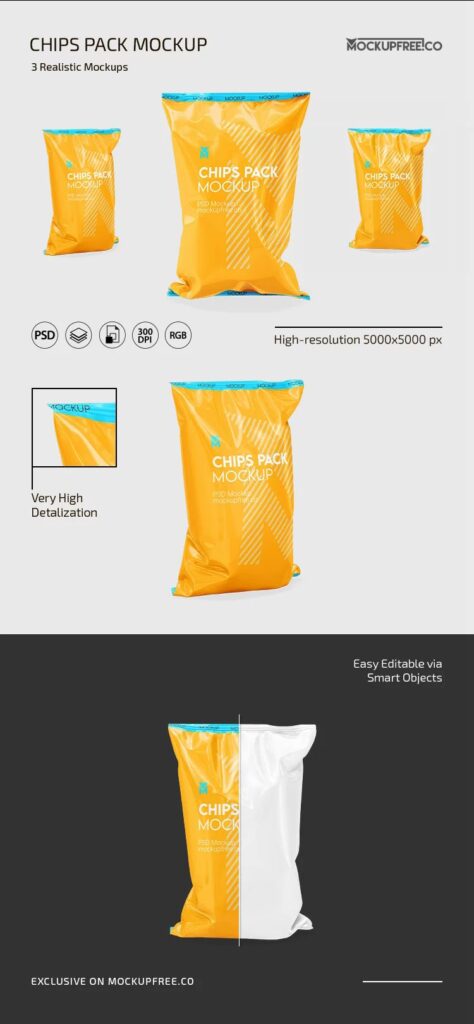 Front and Perspective Sight of 3 Chips Pack Mockups