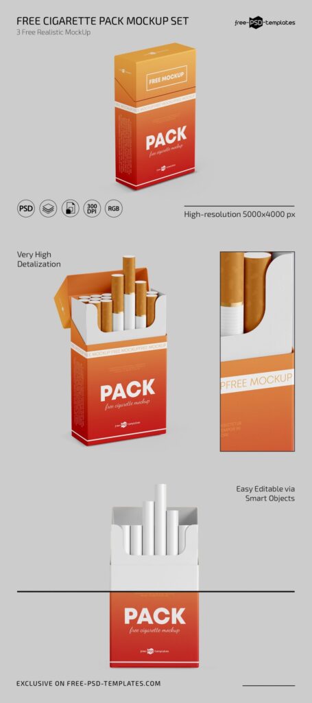 Front and Perspective View of 3 Cigarette Pack Mockups