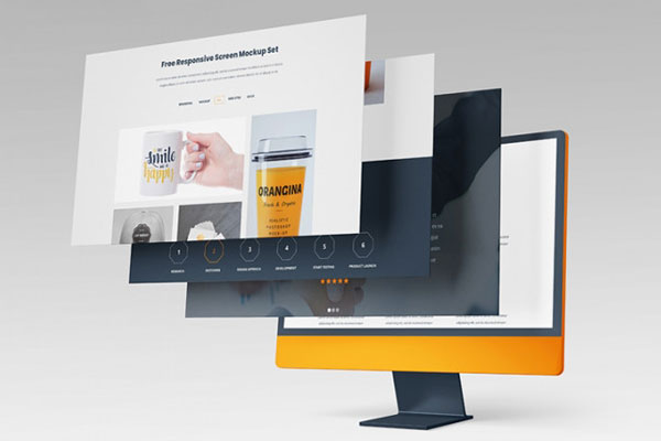 Front and Perspective View of 3 Responsive Screens Mockups