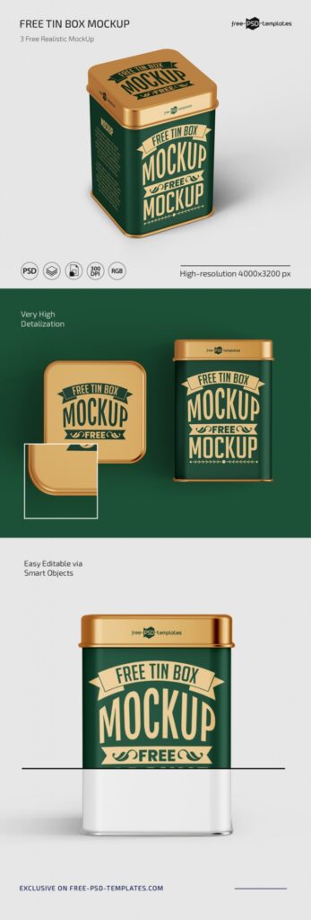 Front and Perspective View of 3 Tin Box Mockups