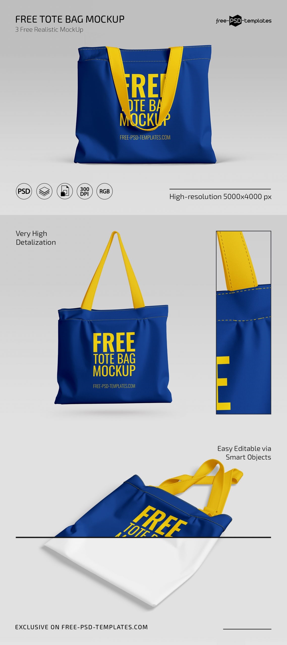 Front and Perspective View of 3 Tote Bag Mockups FREE PSD