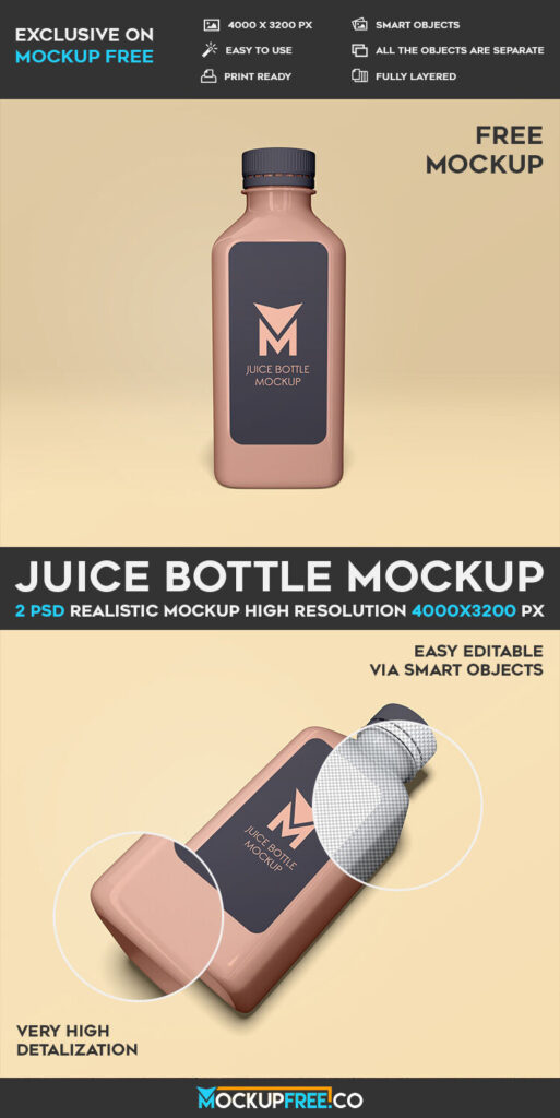 Front and Perspective View of a Juice Bottle Mockup