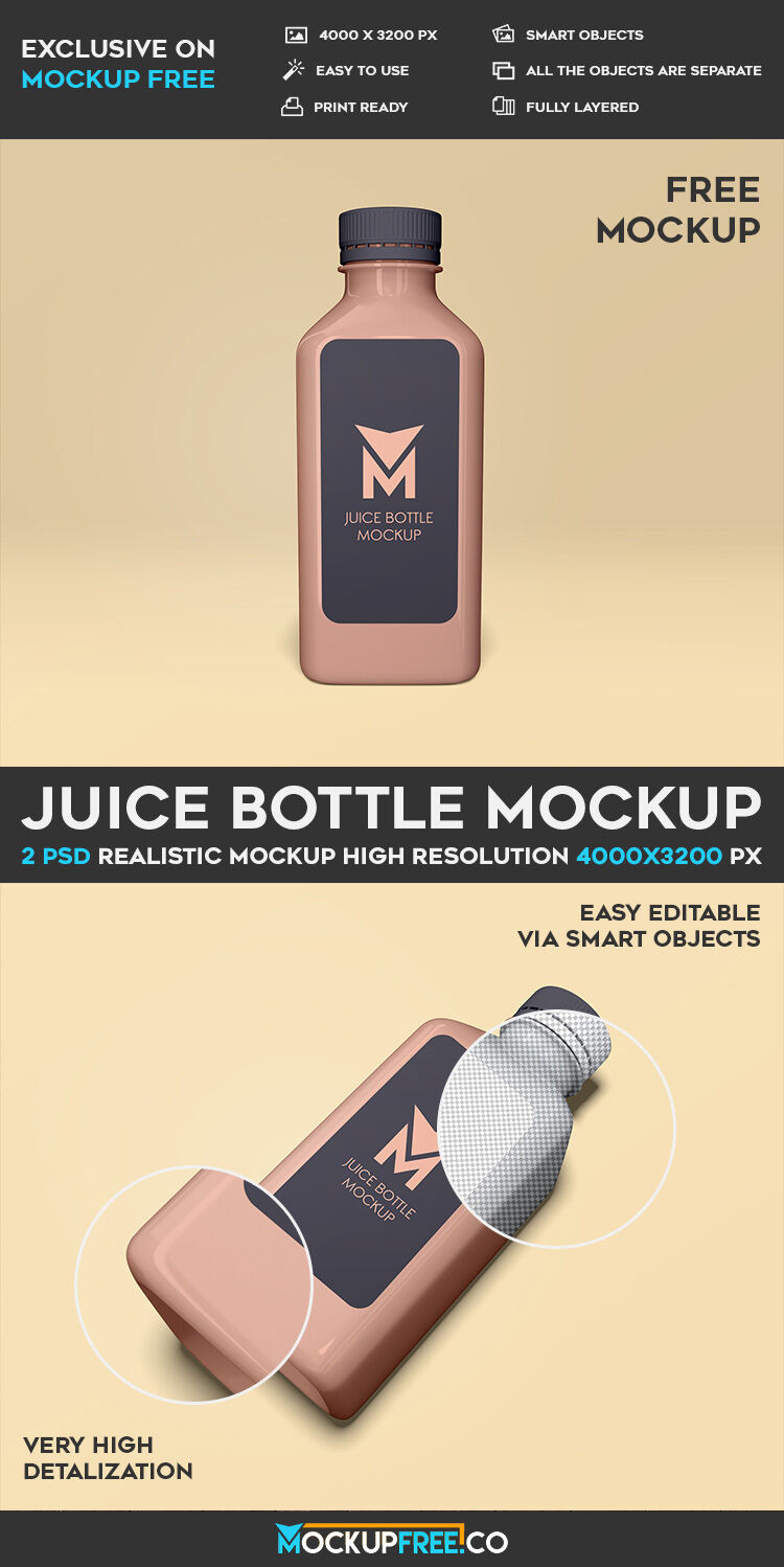 Front and Perspective View of a Juice Bottle Mockup FREE PSD
