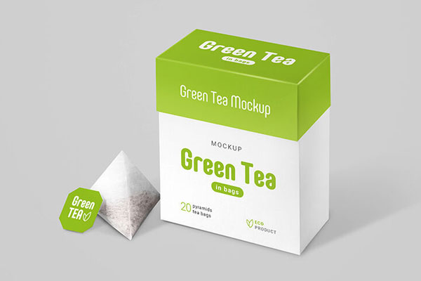 Front and Perspective View of Two Tea Bags and Packaging Mockups