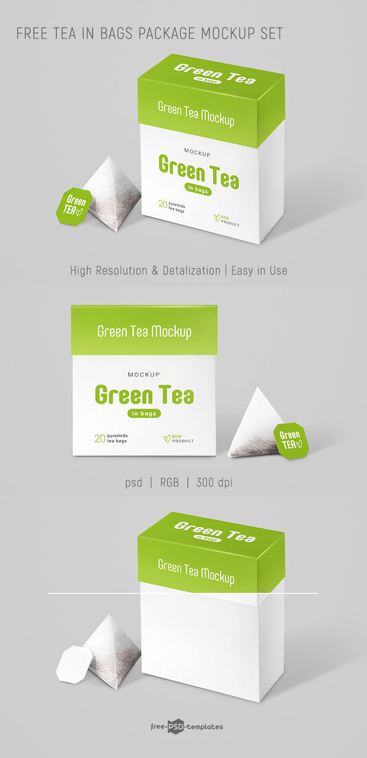 Front and Perspective View of Two Tea Bags and Packaging Mockups FREE PSD