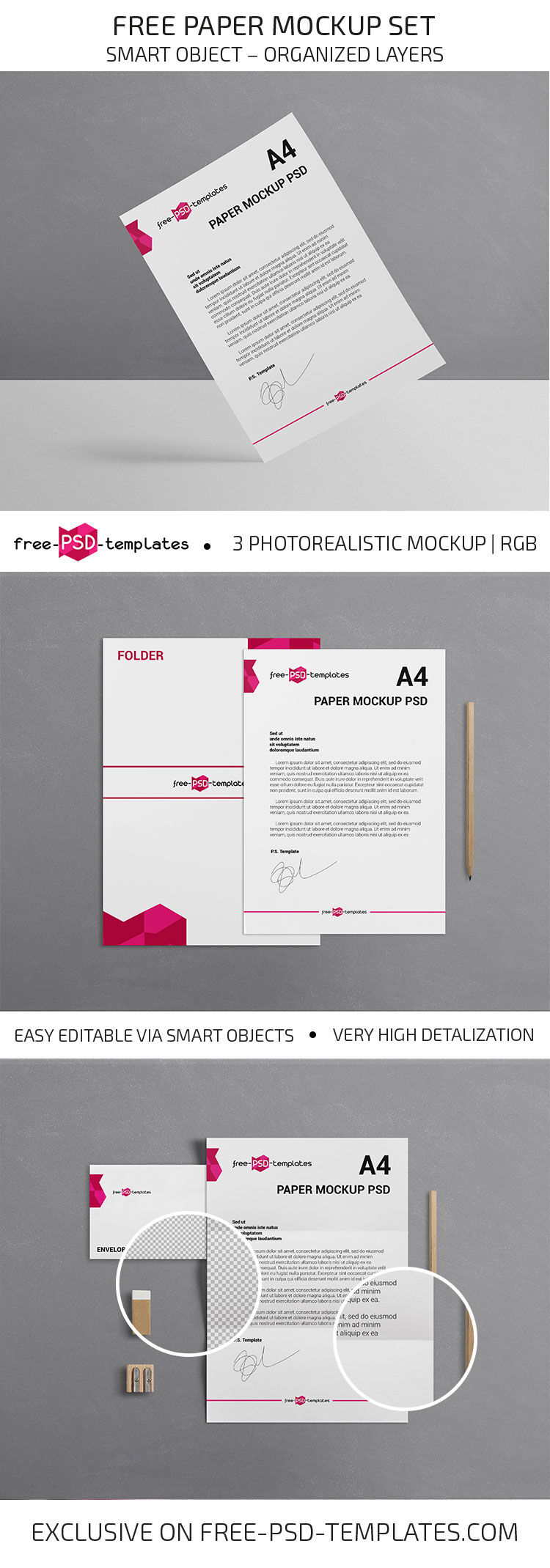 Front and Top View of 3 A4 Paper Stationery Mockup Set FREE PSD