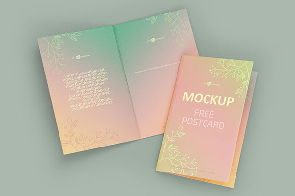 Front and Top View of Two Bi-Fold Postcard Mockups
