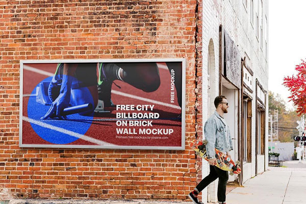 Front Scene of City Billboard Mockup on Brick Wall