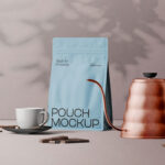 Front Scene of Coffee Pouch Mockup with Cup