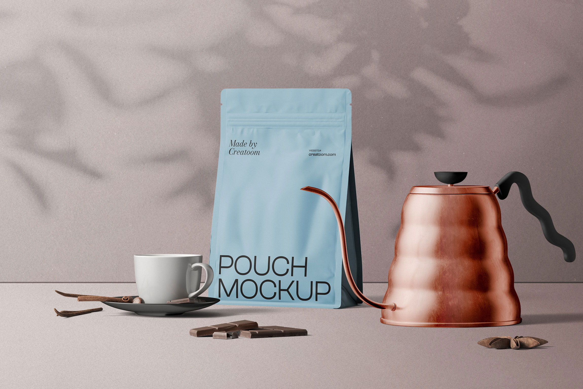 Free Front Scene of Coffee Pouch Mockup with Cup PSD Template