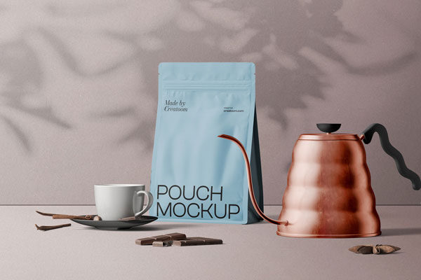 Front Scene of Coffee Pouch Mockup with Cup